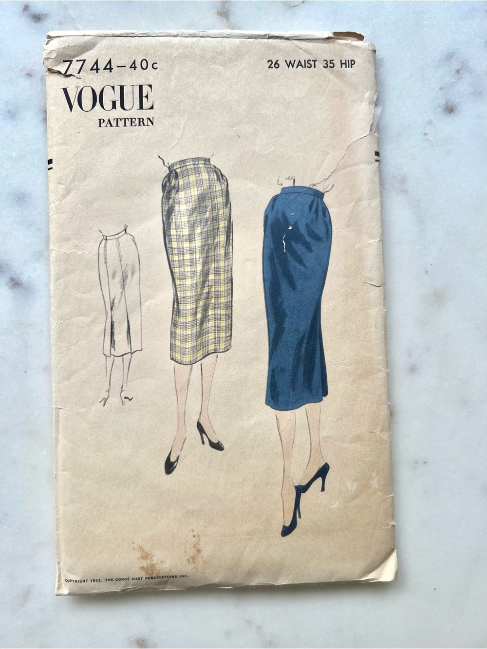 Vintage 1952 Vogue women’s Plaid /  Blue Pencil Skirt Pattern #7744 very fragile